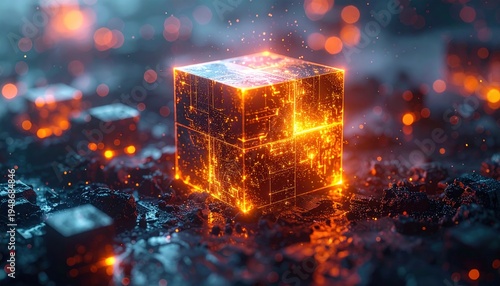 Luminous cubic structure with glowing internal network amidst a rough surface