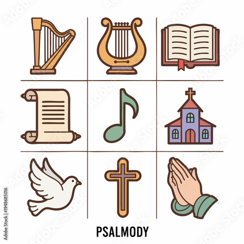 Vibrant christian symbols and objects icons on white background