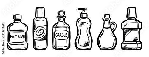 Collection of hand-drawn personal care product bottles, including mouthwash and gargle, depicted in a simple sketch style.