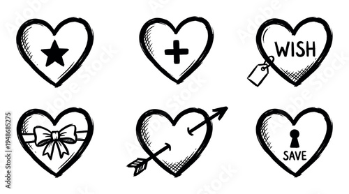 Hand-drawn black heart icons with various symbols represent different concepts of love, desire, and emotion.
