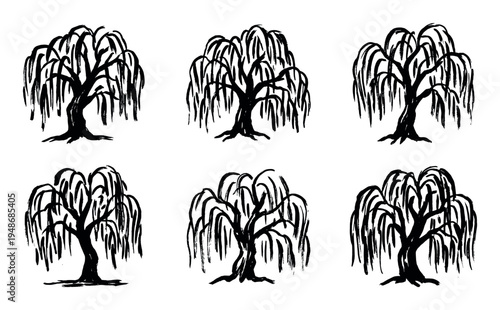 Collection of hand-drawn weeping willow trees in a stylized black and white ink sketch illustration style.