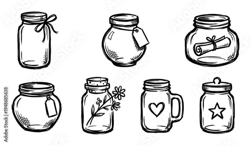 Hand-drawn collection of various glass jars with different decorative elements, including a ribbon, tag, scroll, flower, heart, and star.