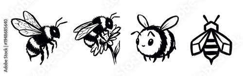 Hand-drawn collection of various bees in different artistic styles, including realistic, cute, cartoon, and geometric designs.