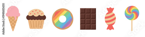 Colorful assortment of popular sweet treats including an ice cream cone, cupcake, donut, chocolate bar, candy, and lollipop.
