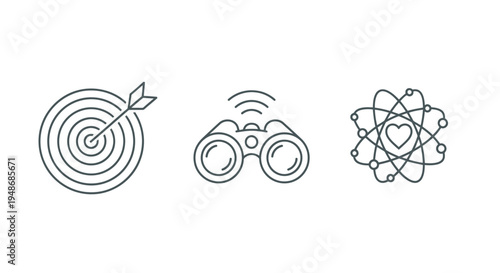 Graphic trio icons featuring target, binoculars, and atom science concepts.