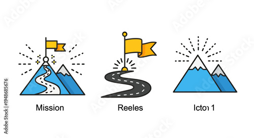 Set of three illustrated mountains with flags and celebratory bursts, a colorful conceptual triptych for travel graphics.