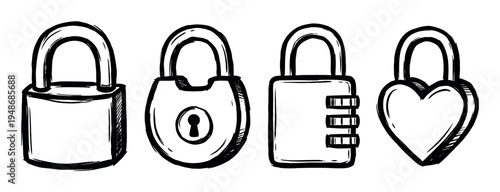 Collection of four hand-drawn style padlocks, including a heart-shaped lock and a combination lock, symbolizing security and love.