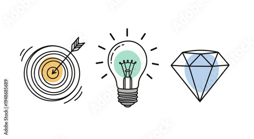 Bullseye Target, Bright Lightbulb Idea, and Diamond Icon Set for Graphic Design.