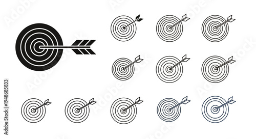 Multiple archery targets with arrows hitting the bullseye in various styles.
