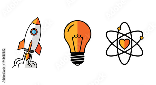 Rocket, light bulb, and atomic illustration symbolizing science, invention, and technological progress.
