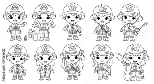 Set of Cute Firefighter Characters for Kids and Education.