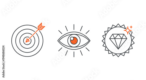 Target, Eye, and Diamond Icon Set Conveying Focus, Vision, and Value.