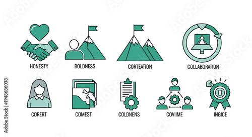 Set of icons illustrating ethics and collaboration including honesty, trust, and conscience.