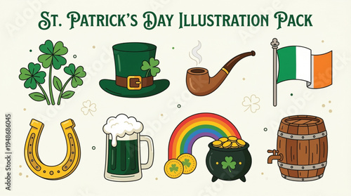 St. Patrick’s Day Illustration Pack with Irish Symbols and Flat Design