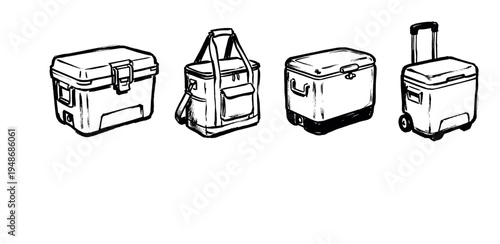 Collection of hand-drawn cooler illustrations showcasing different types of portable insulated containers for outdoor activities and travel.