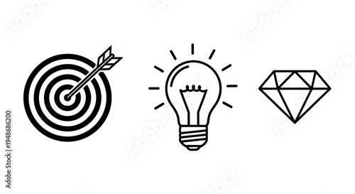 Target, Lightbulb, and Diamond Icons Symbolizing Goals, Ideas, and Value.