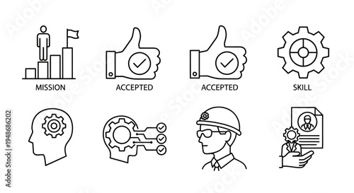 Icons set representing mission, acceptance, gears, brain, helmeted worker, and certificates in line art style for project concept and skills.
