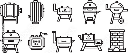 A collection of various types of smokers and grills for outdoor cooking Vector