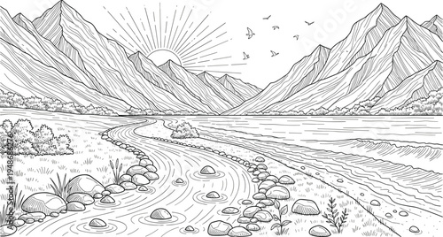 Hand drawn mountain valley landscape with river sunrise birds and rocky terrain in vintage sketch style isolated on white backgroundHand drawn mountain valley landscape with river sunrise birds and ro
