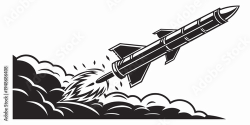 a black and white illustration of a rocket launching into the sky Vector