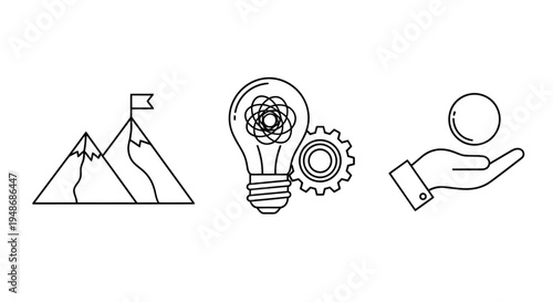 Illustration of mountains with a flag, a glowing idea with gears, and a helping hand symbolizing innovation, exploration, and support.