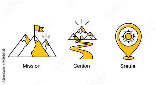 Illustrated Mountain Journey Icons Representing Mission and Location.