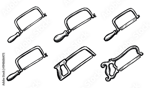 Various hand saws are illustrated in a collection of stylized black and white sketches, representing different woodworking tools.