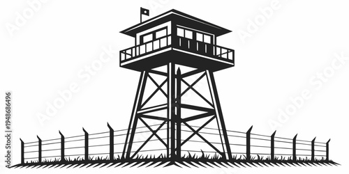 a tall watchtower with a fence around it Vector