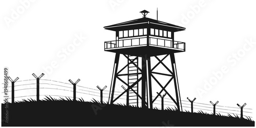 a tall watchtower with a railing and a fence Vector