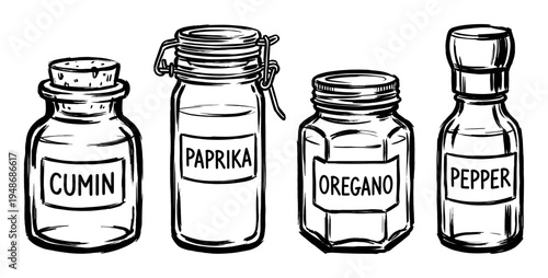 Collection of hand-drawn spice jars with labels for cumin, paprika, oregano, and pepper, illustrating essential kitchen ingredients.