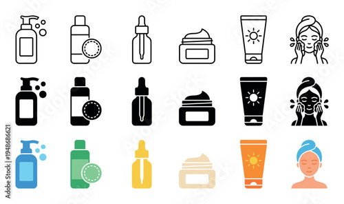 Collection of skincare product icons and a person applying facial treatment in outline, solid, and colorful styles.