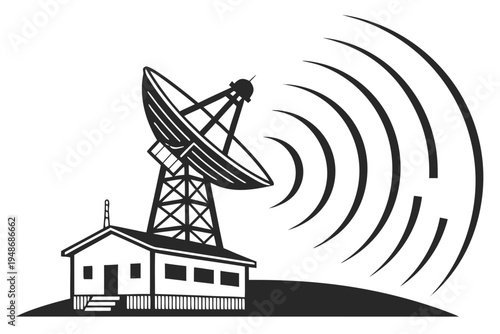 a large satellite dish on a tower next to a small building Vector