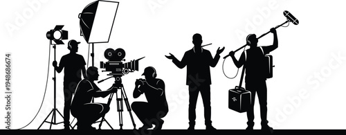 Silhouette illustration of film production crew with camera, lighting, boom microphone, and actor, representing filmmaking process, studio environment, media creation, and cinematic artwork