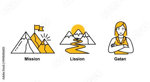 Illustrated trip icons depicting mission, journey, and culture with mountains and a traveler.