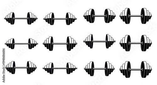 A collection of black barbells and weight plates in varying arrangements