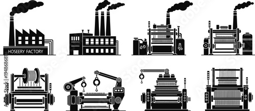 Silhouette illustration of hosiery factory buildings with chimneys and textile machinery including spools, robotic arms, and knitting machines, representing industrial production and manufacturing