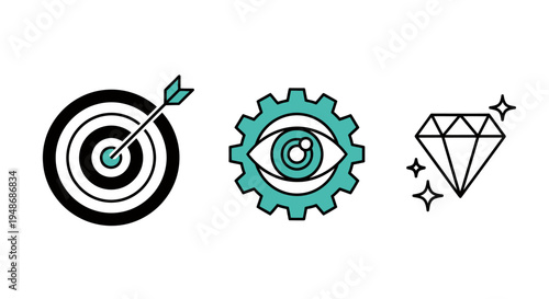 Target, gear, and diamond icons representing focus, innovation, and value in design concepts.