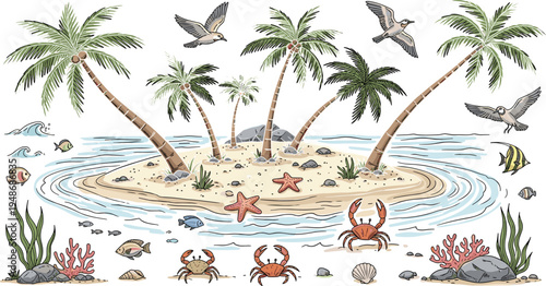 Hand drawn tropical island beach scene with palm trees crabs shells coral fish and ocean waves isolated on white backgroundHand drawn tropical island beach scene with palm trees crabs shells coral fis
