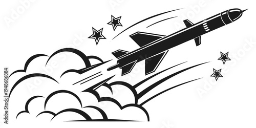 a black and white illustration of a missile flying through the air Vector