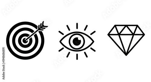 Target, Eye, and Diamond Icon Set Representing Focus, Vision, and Value.