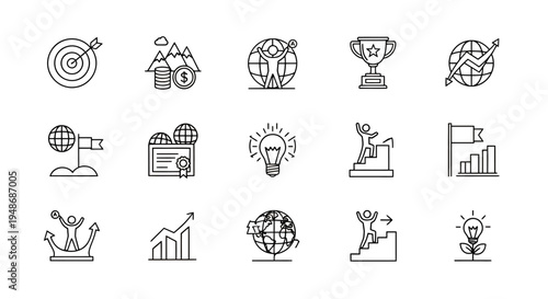 Collection of simple line icons including globe, trophy, chart, plant, bicycle, snail and various basic design elements.