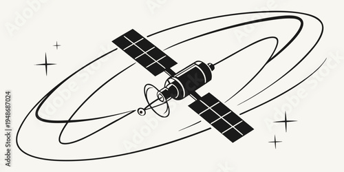 a satellite in space with solar panels and antenna Vector