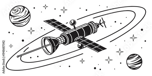 a space station in orbit around a planet with moons Vector