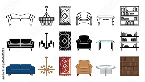 Collection of diverse home furniture illustrations including sofas, armchairs, tables, chandeliers, rugs, and bookshelves in various styles.