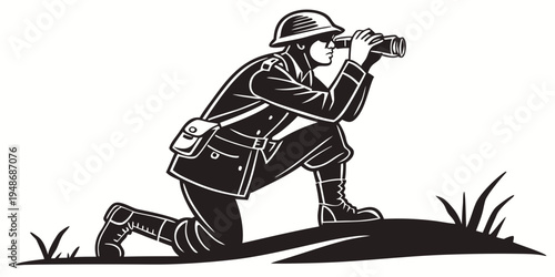 a man kneels on one knee while taking a photo with his camera Vector