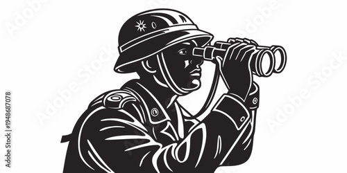 a soldier wearing a helmet looking through binoculars Vector