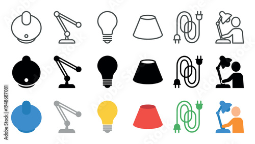 Collection of various lighting-related icons including desk lamps, light bulbs, lampshades, power cords, and a person working.