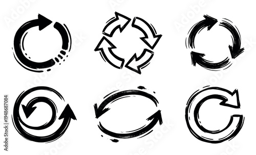 Collection of hand-drawn grunge style circular arrow icons representing refresh, recycle, repeat, or continuous process.