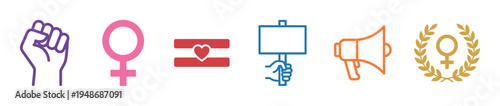 Collection of colorful outline icons representing feminism, women's rights, and gender equality concepts.