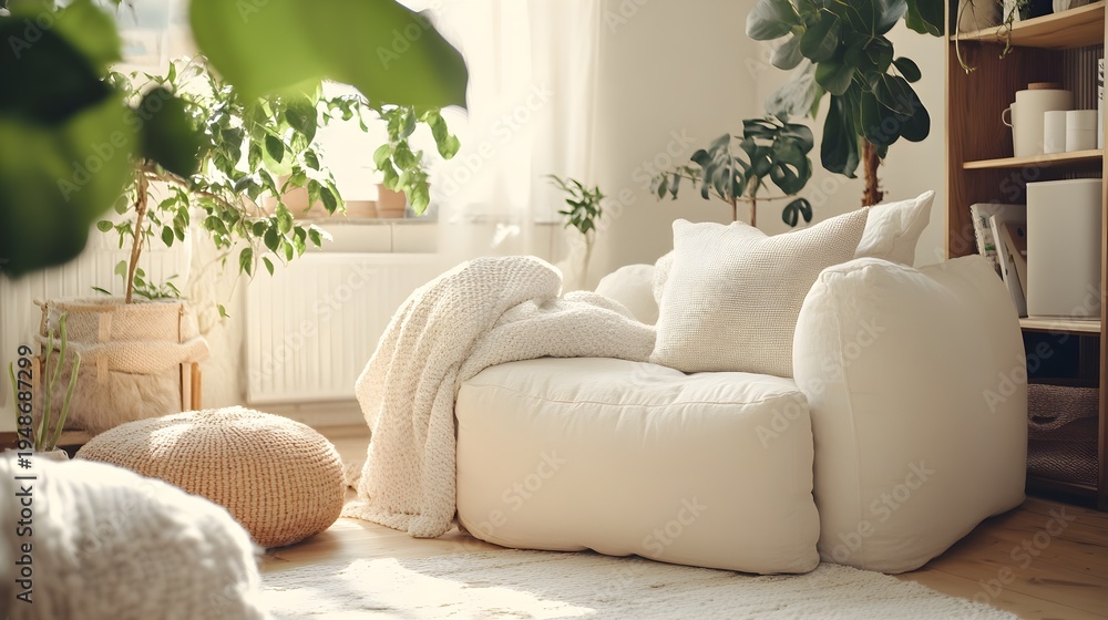 Fototapeta premium Cream sofa with knitted throw and plants in sunlit room